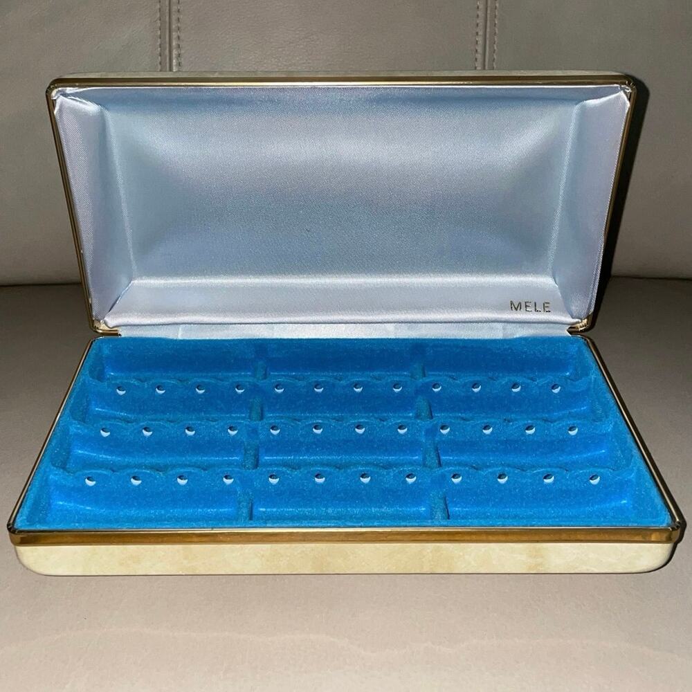 Vintage Mele Clamshell Earring Case - Ivory Marbled & Blue Velvet Jewelry Travel